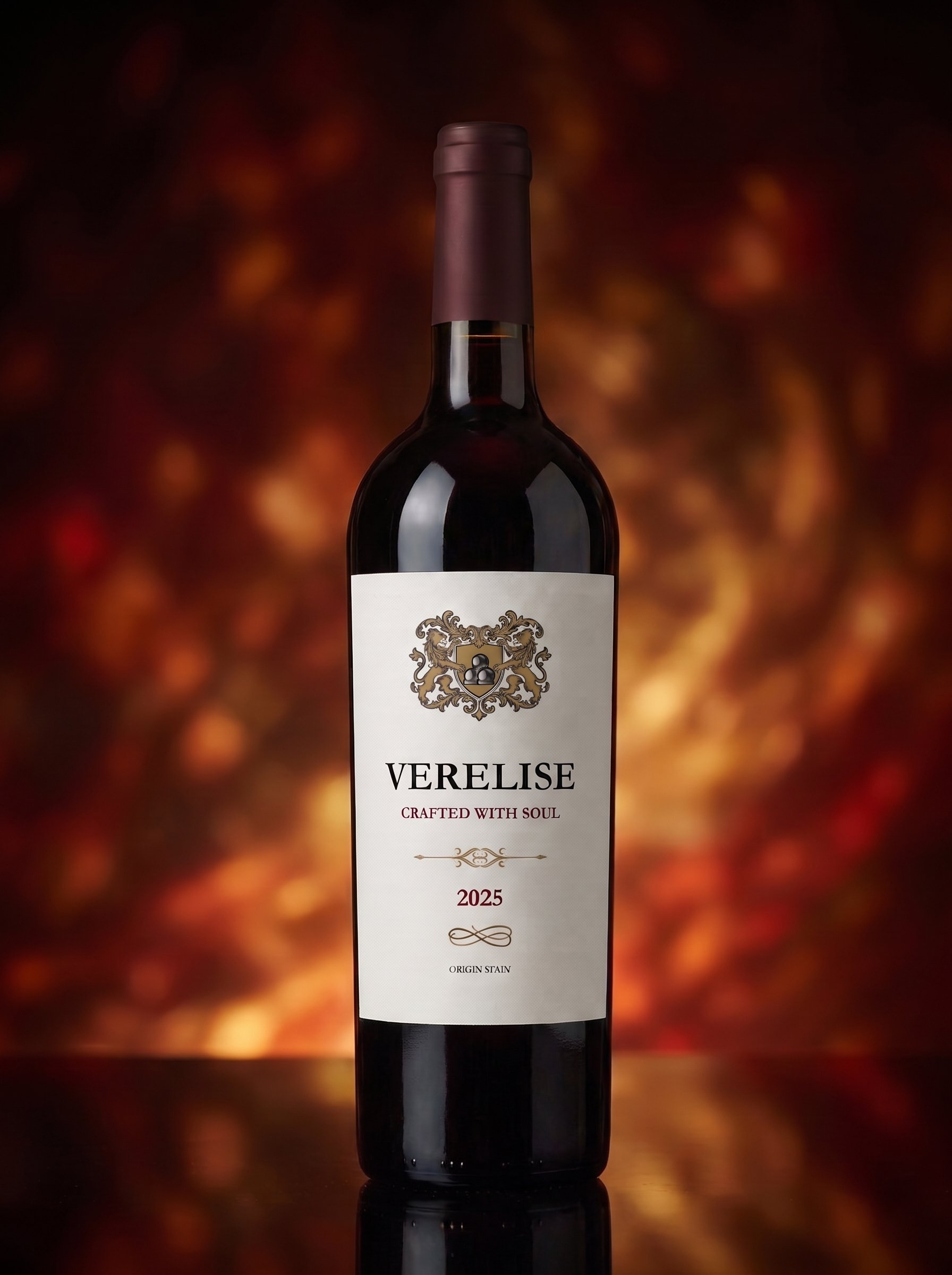 Botella de Verelise Tinto Selección de Origen 2025, vino tinto con cápsula burdeos y etiqueta blanca