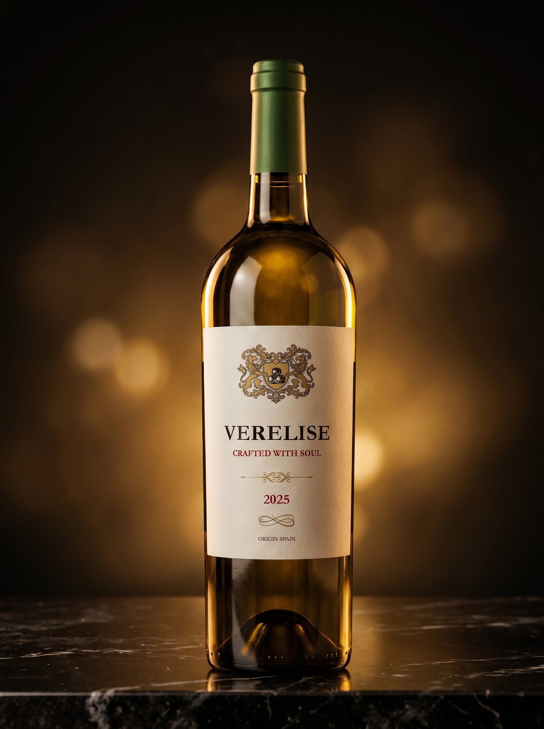 Botella de Verelise Blanco Premium 2025, vino blanco con cápsula verde y etiqueta blanca
