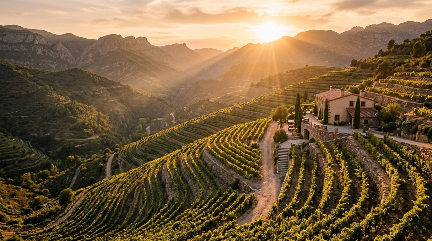 Viñedos en terrazas de montaña en Gratallops, Priorat, al atardecer, con una casa de piedra entre las cepas